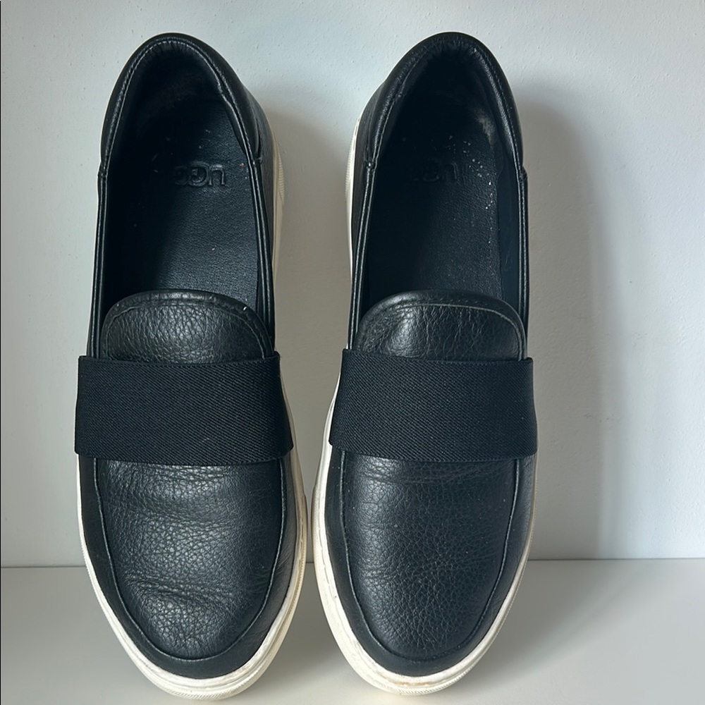 UGG Women’s Black Leather Slip-On Loafers with White Sole